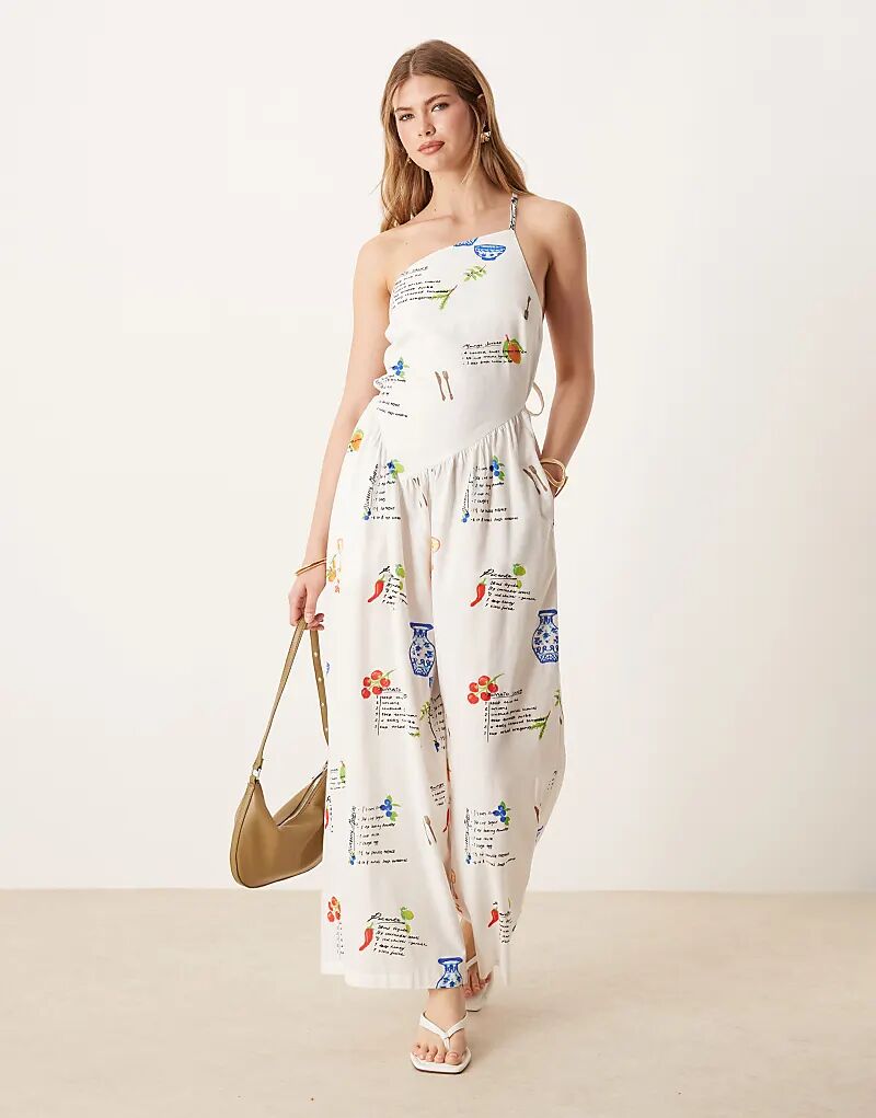 

Льняной комбинезон ASOS DESIGN на одно плечо с открытой спиной и принтом в стиле casual