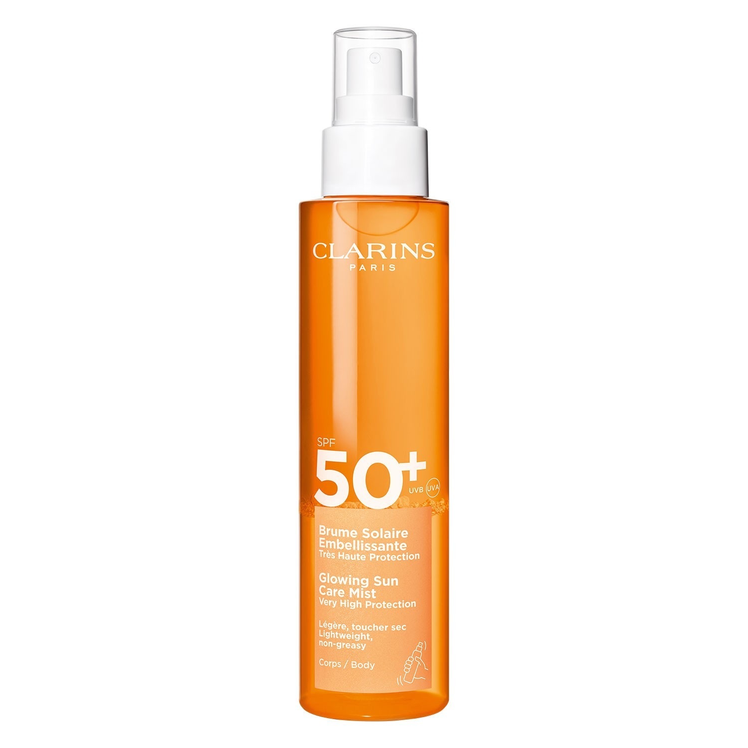 

Солнцезащитный спрей sun care brume solaire embellisante corps spf 50+ Clarins, объем 150 мл