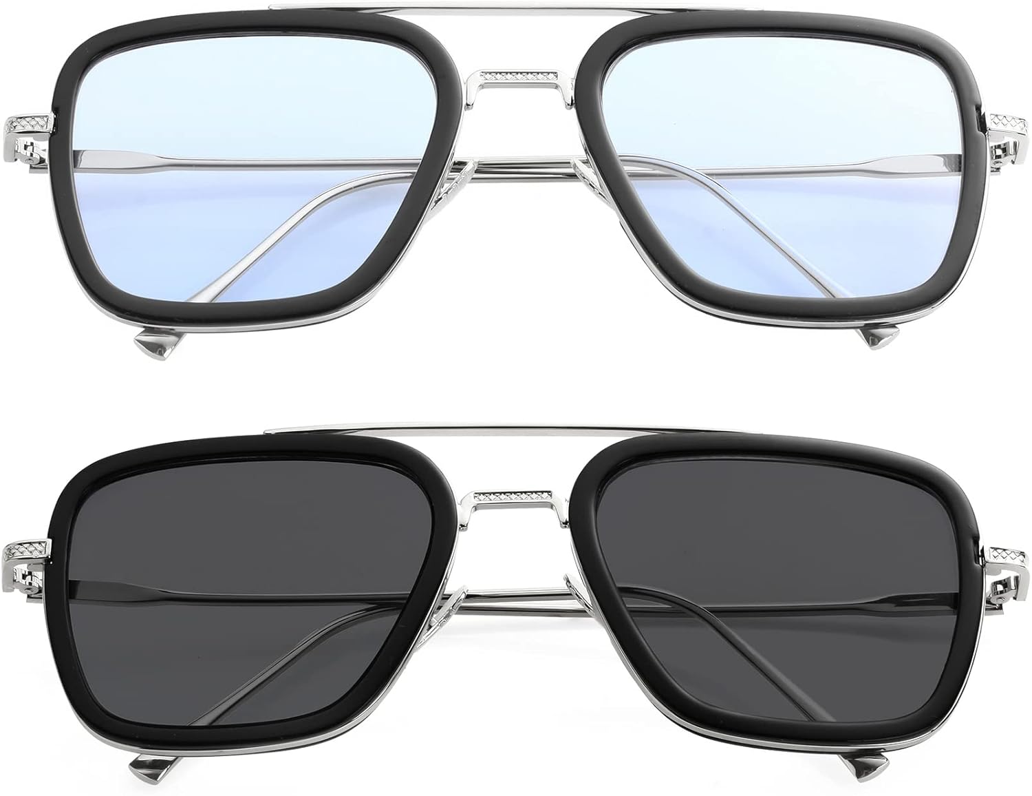 

Солнцезащитные очки AIEYEZO Тони Старк в винтажном стиле, квадратная металлическая оправа, для мужчин и женщин - очки Железного человека и Эдит, Two Pack (Spider Man Same Color + Silver/Black/Grey)