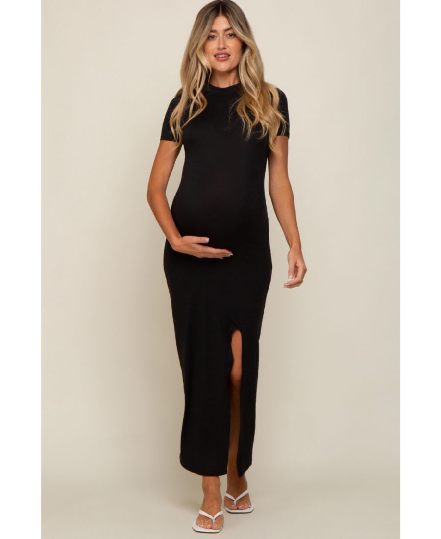 

Черное длинное платье для беременных с высоким воротником и разрезом спереди, короткими рукавами Pinkblush, Black