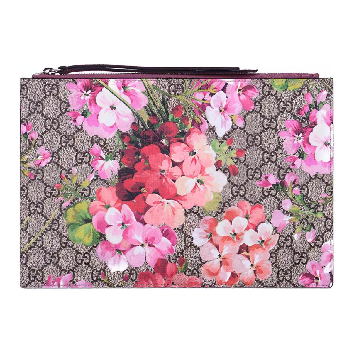 

GUCCI GG Blooms, клатч из ПВХ с кожей, большого размера, женский, цвет эбеновое дерево/розовый