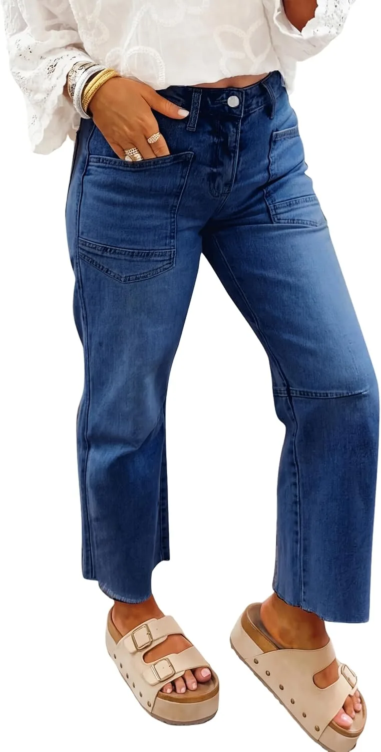 

Джинсы женские Frayed Cropped High Waist Straight с карманом Loricete