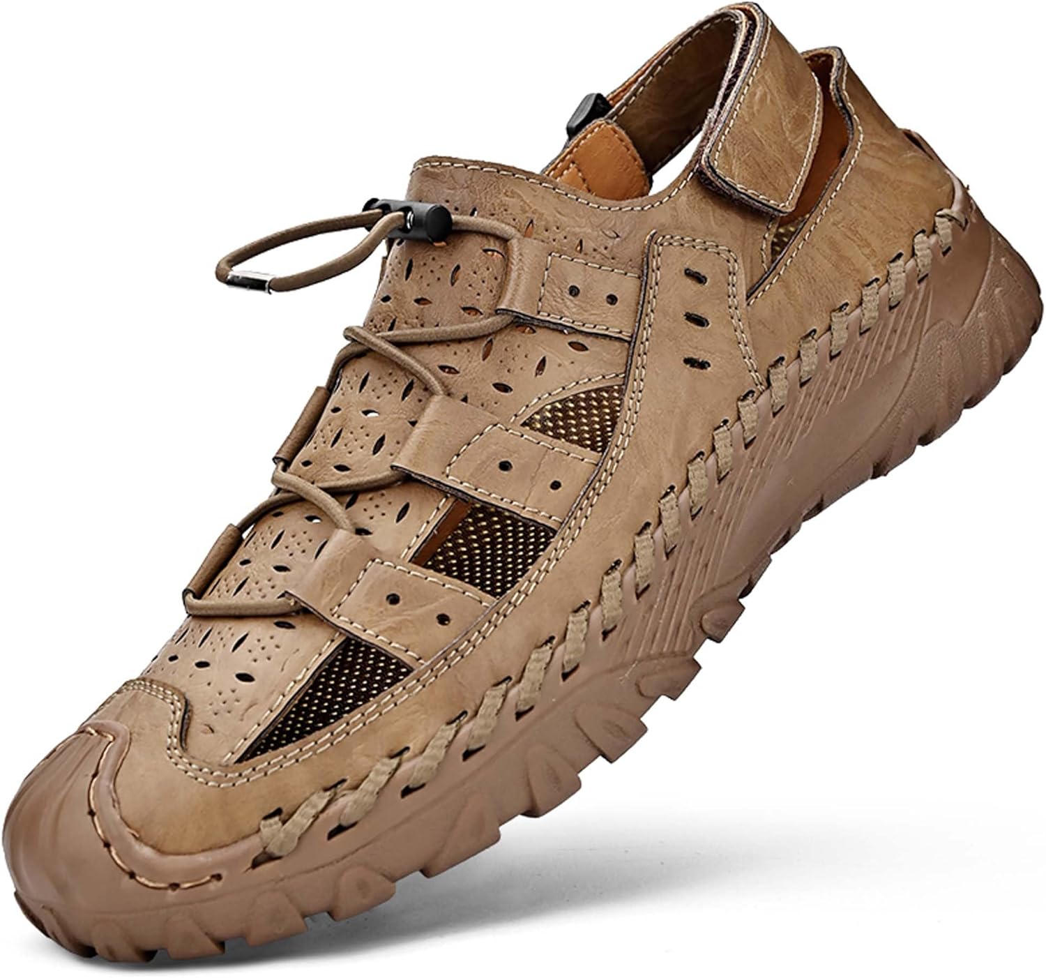 

Мужские сандалии из коровьей кожи с закрытым носком, спортивного и повседневного стиля, ручной работы, с регулируемой застежкой, слипоны для ходьбы, противоскользящие, для улицы, альпинизма, внедорожного туризма и кемпинга Generic, коричневый