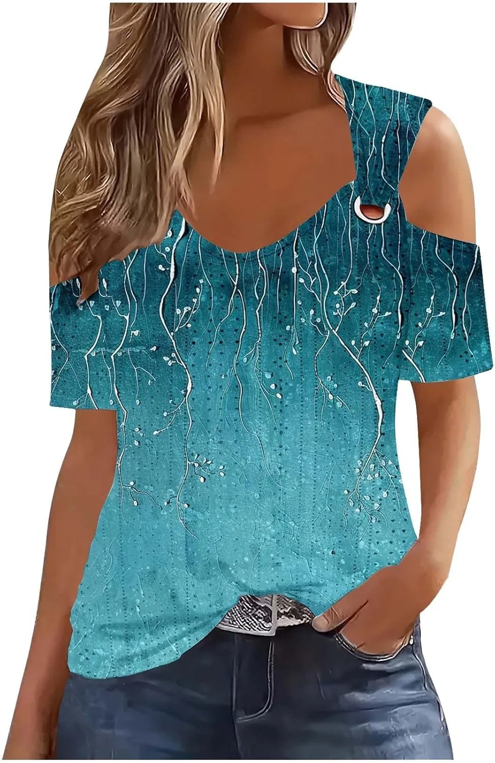 Блуза женская с открытыми плечами, ажурная, короткий рукав, Sky Blue