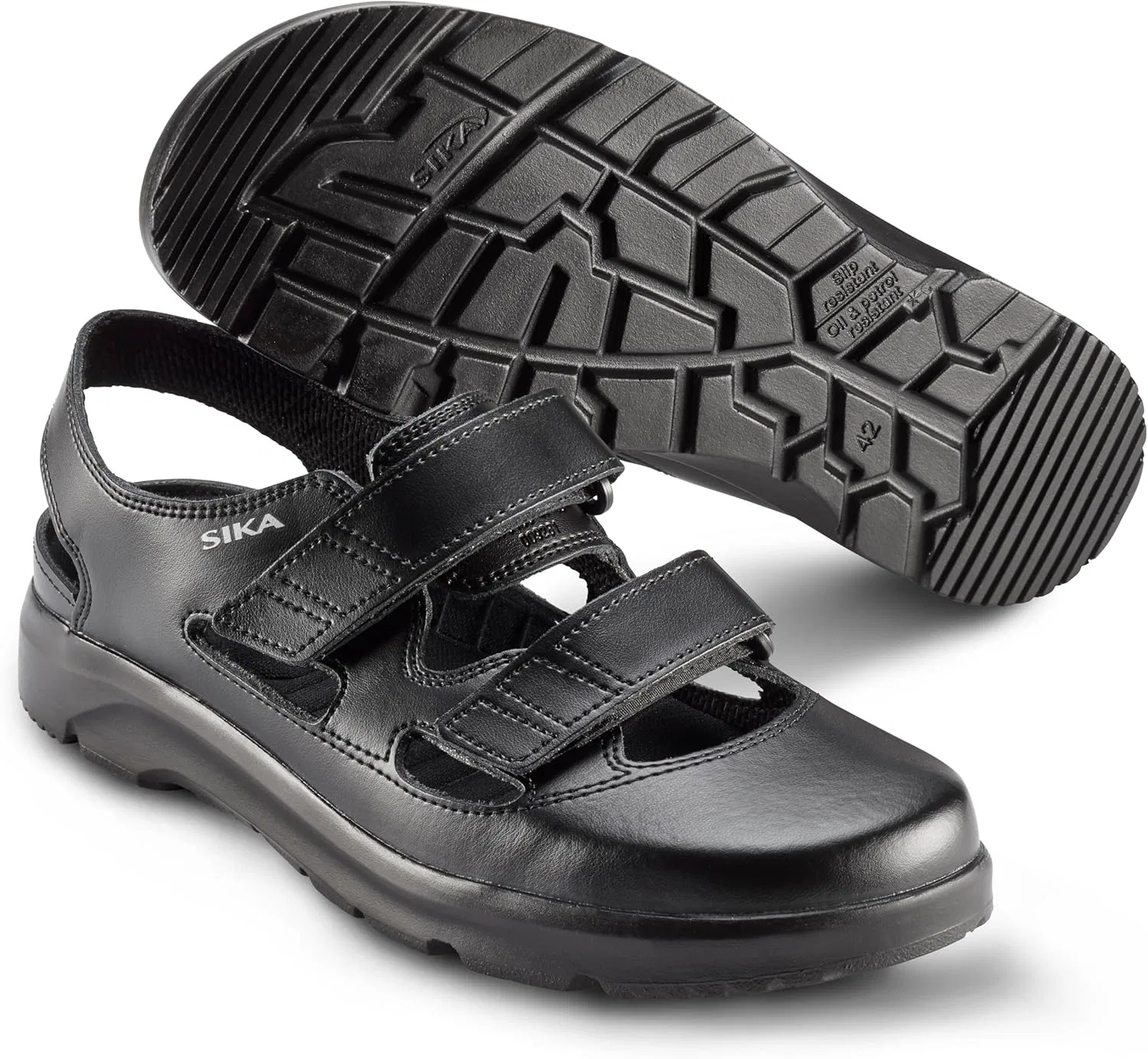 Сандалии унисекс SIKA Optimax Unisex, rutschfeste Sicherheitssandale mit doppeltem Klettverschluss, stosdämpfender PU-Sohle, Permair-Leder, leichte Profi-Sandale für die Medizin- & Lebensmittelindustrie, Black