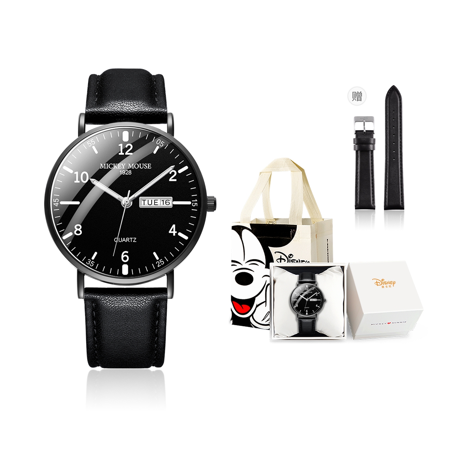 

Disney Часы Mickey Series Quartz Movement Steel Strap Watch Men's Watch Black Dial, MK-12053B2+Spare Strap