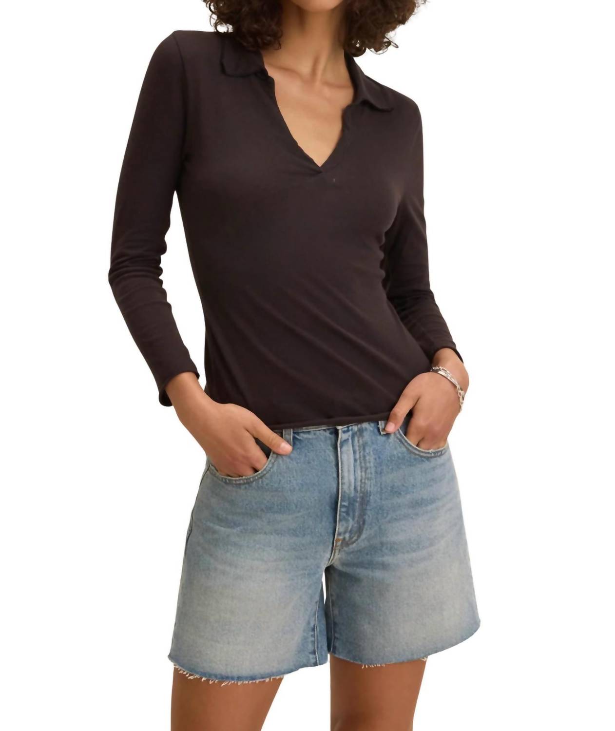 

Reed Long Sleeve Polo Top In Black Velvet by Graham & Spencer