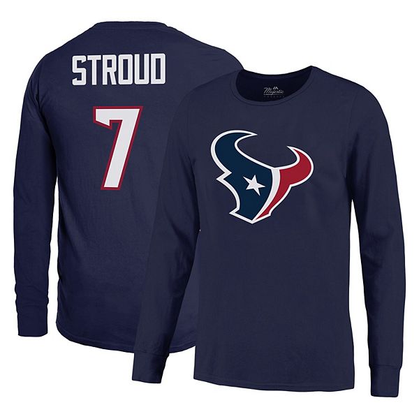 

Мужская футболка с длинным рукавом cj stroud navy houston texans с именем и номером Majestic Threads