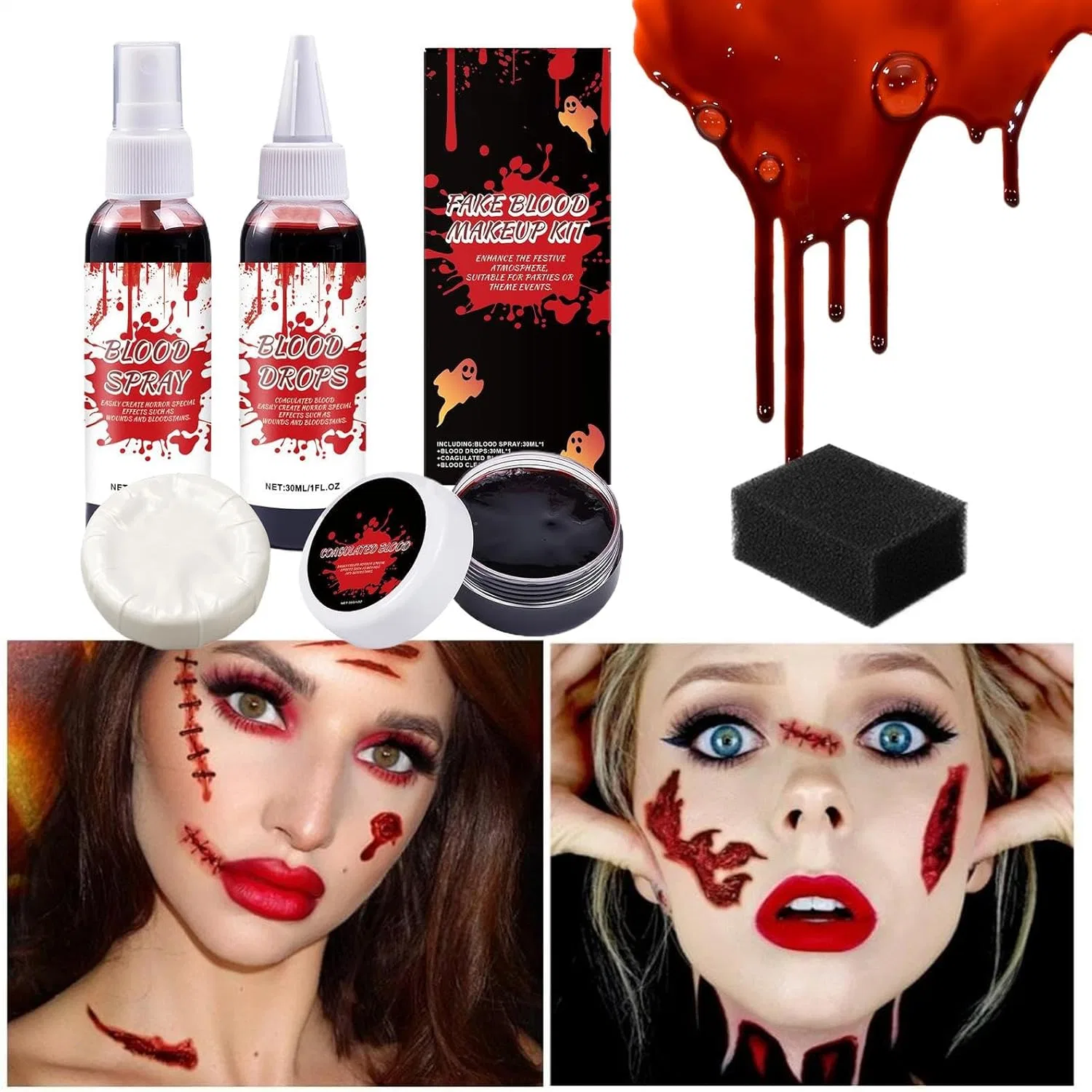Набор для грима Хэллоуин Fake Blood Kit, 30 мл спрей + 30 мл капли + 30 г сгусток + 15 г мыло + губка — фото 3