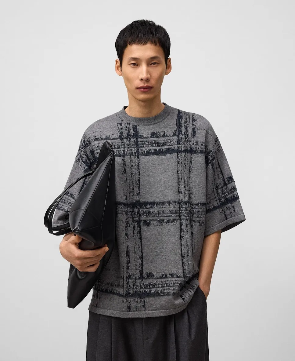 

Мужской свитер с коротким рукавом из жаккардового трикотажа Adolfo Dominguez, серый/синий