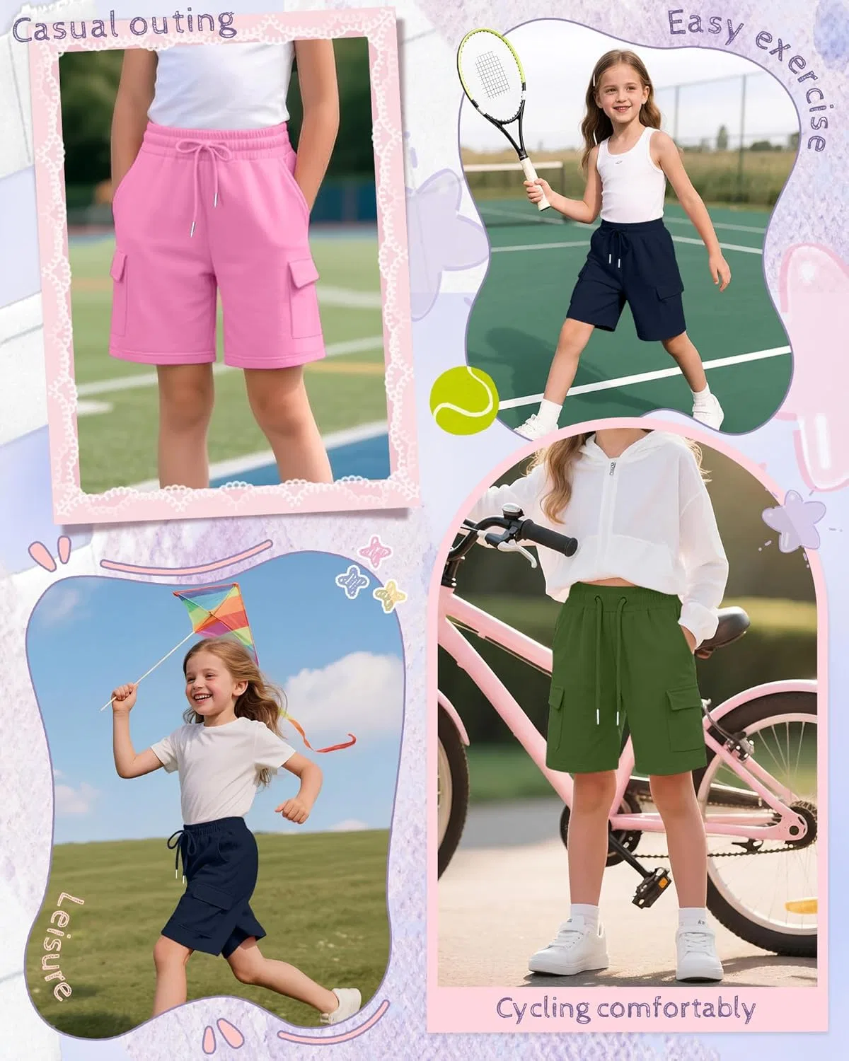 Шорты бермуды для девочек 3 шт, LessonZoo, Navy Blue, Rose Pink, Army Green — фото 2