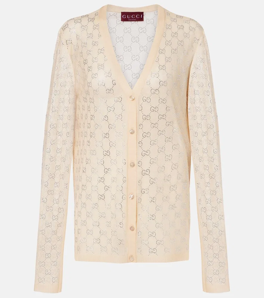 Кардиган Gucci Шелковый с вышивкой GG, дизайнерский цвет Sea Shell Pink, бежевый