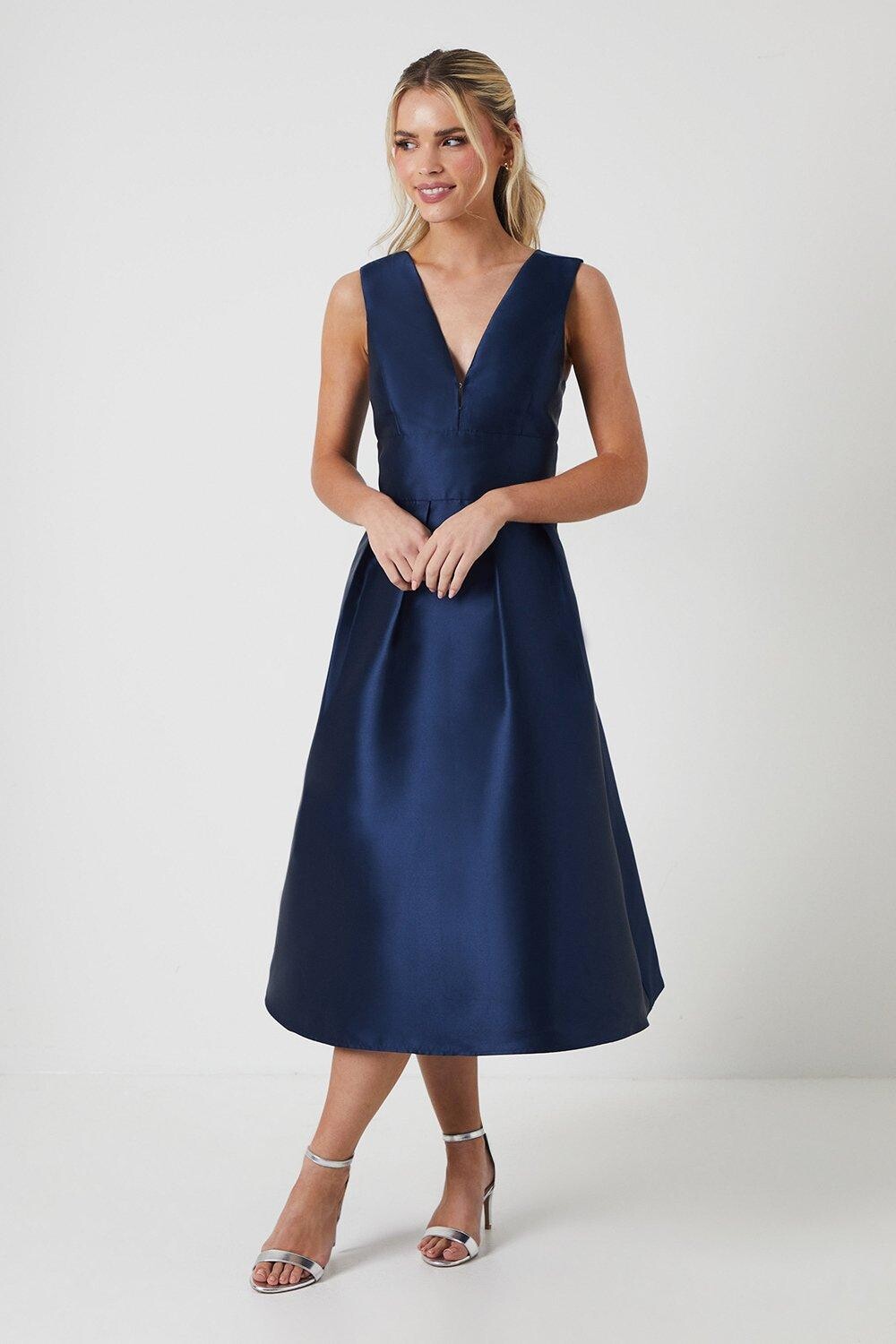 

Структурированное твиловое платье миди для подружек невесты с глубоким вырезом и глубоким вырезом Coast, темно-синий