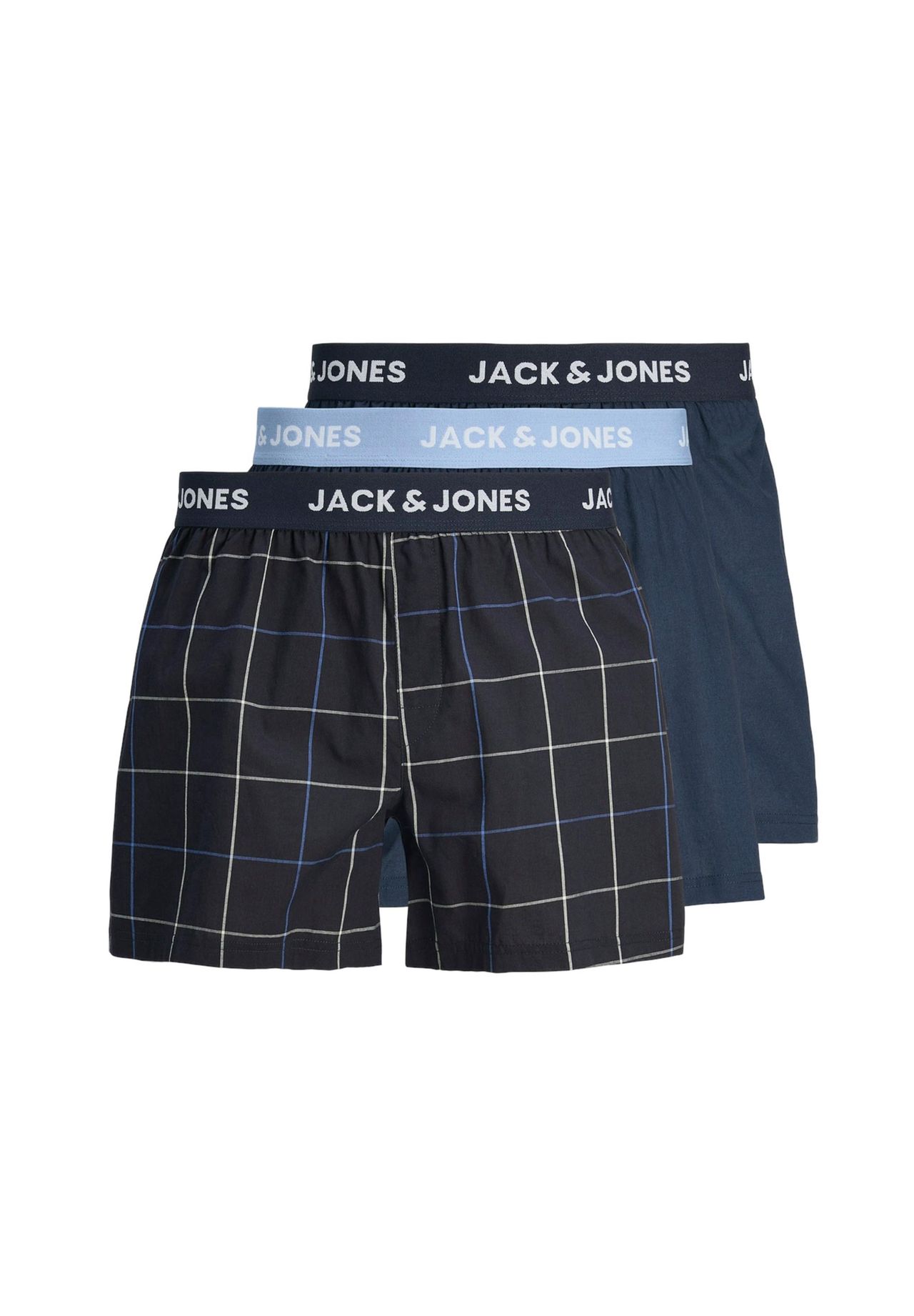 

Мужские тканые шорты-боксеры, 3 шт в упаковке - JACJACKSON WOVEN BOXERS, пояс с логотипом, хлопок, клетка, однотонный JACK & JONES, цвет Schwarz/blau