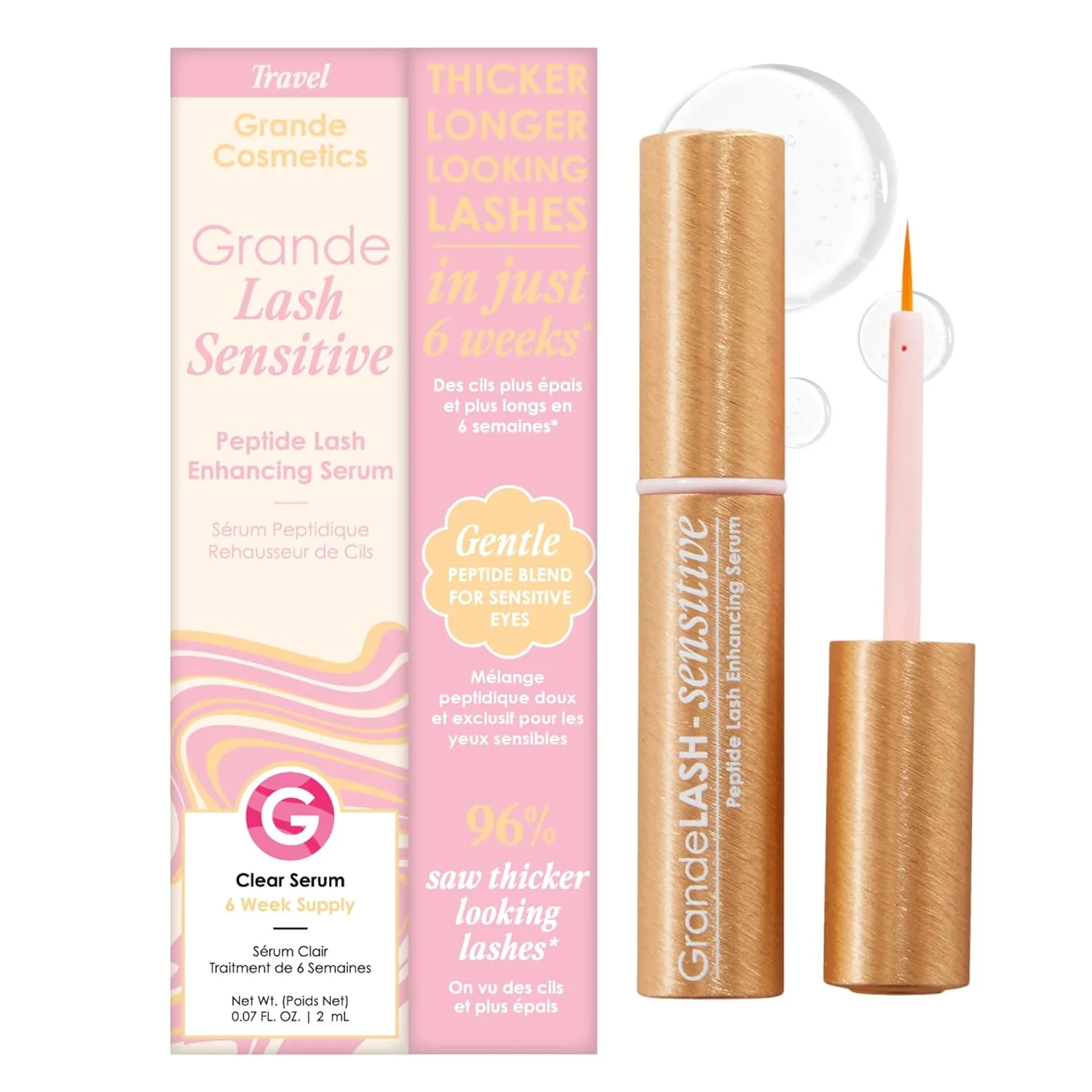 Grande Cosmetics GrandeLASH-Sensitive сыворотка для ресниц без простагландинов с пептидами для более густых и длинных ресниц, обогащенная питательными ботаническими компонентами, cruelty-free Дорожный, Gold