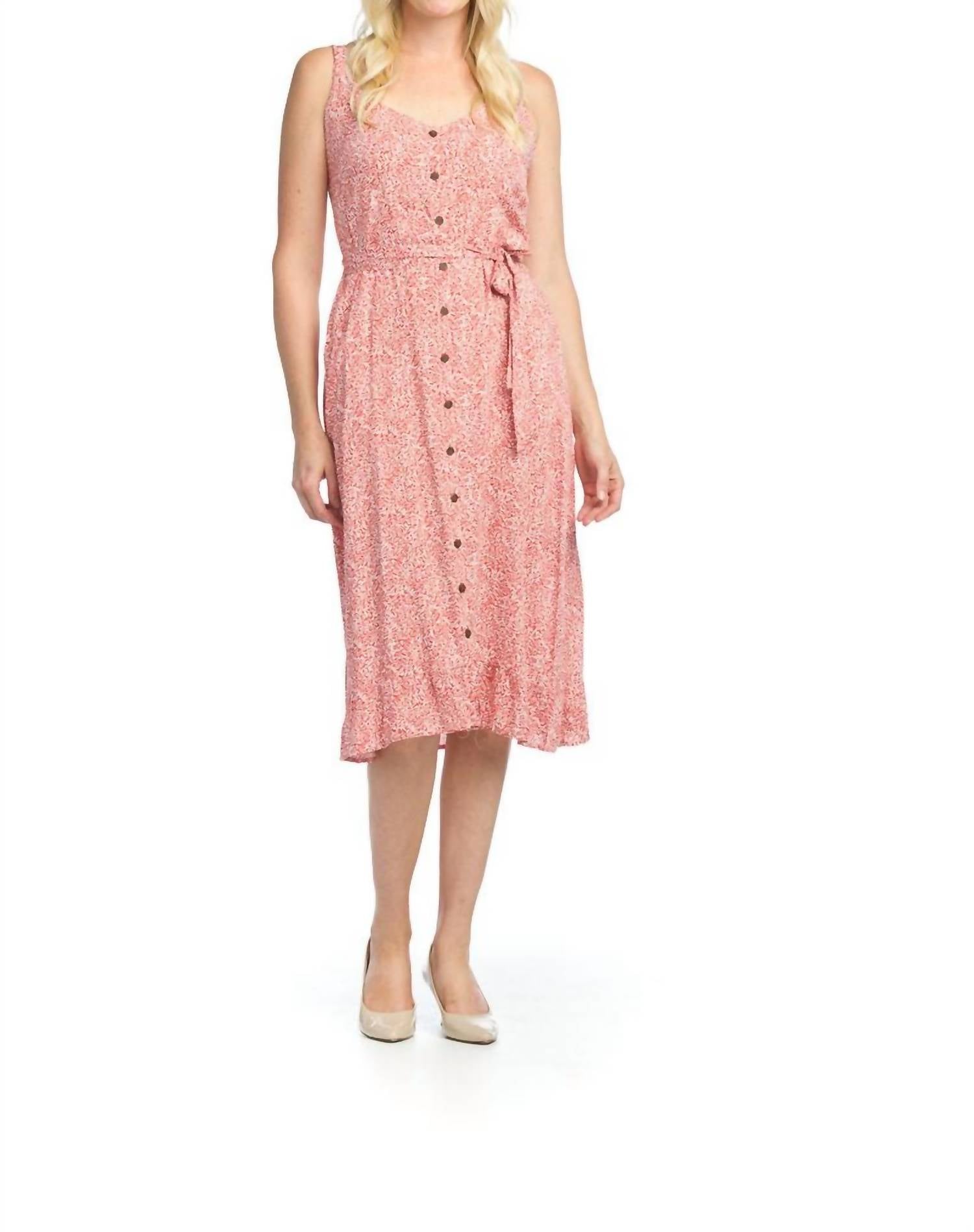 

Коралловое платье с листовым принтом, плиссированной спинкой и поясом-лентой Papillon