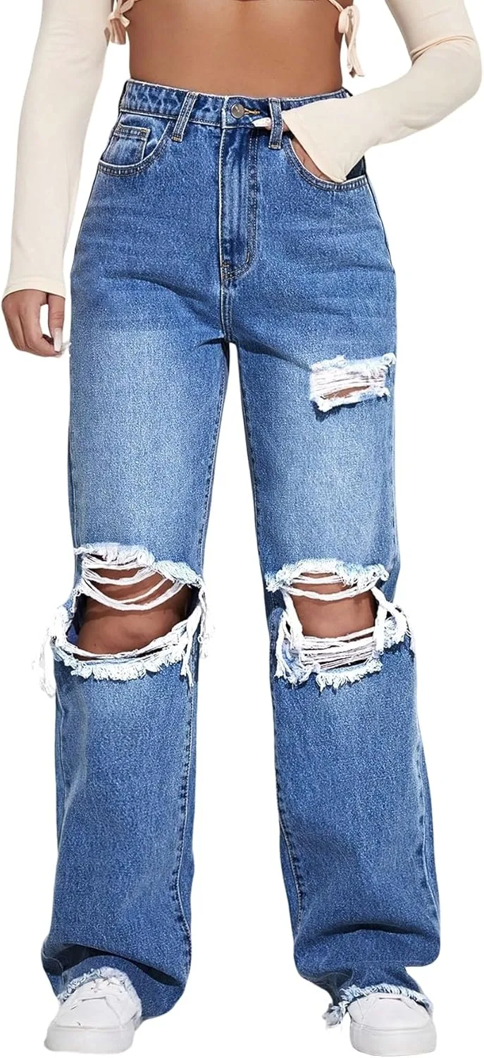 

EARKOHA женские джинсы летние рваные с прорезями широкие