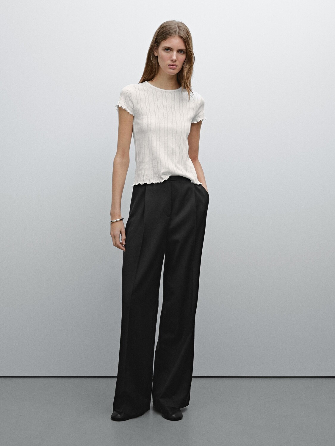 

Футболка из хлопка с ажурным узором «Пуантель» Massimo Dutti, бежевый