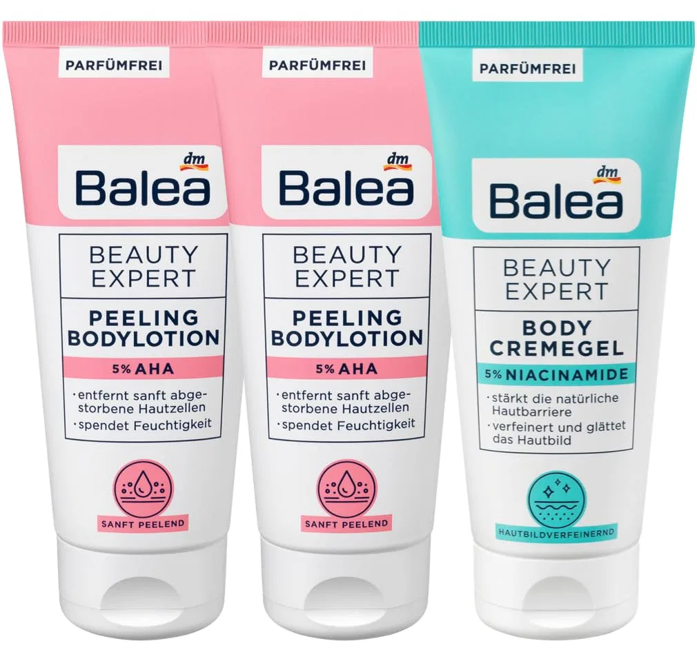 Набор Balea Beauty Expert: отшелушивающий лосьон для тела 5% AHA (2 x 200 мл) + крем-гель для тела 5% ниацинамид (200 мл) Balea