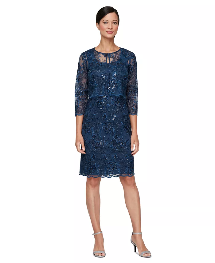 

Маленькое платье-футляр с пайетками и волнистым подолом Petite Scallop-Hem Sequin Sheath Dress Alex Evenings, синий
