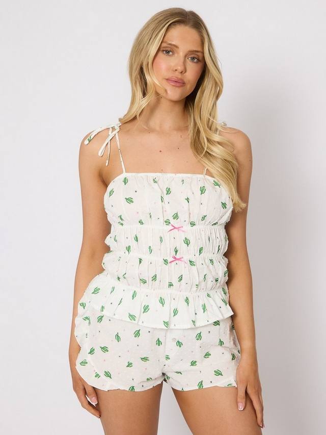 

Пижамный комплект Cactus Print Dobby с топом-ками и шортами Loungeable, White