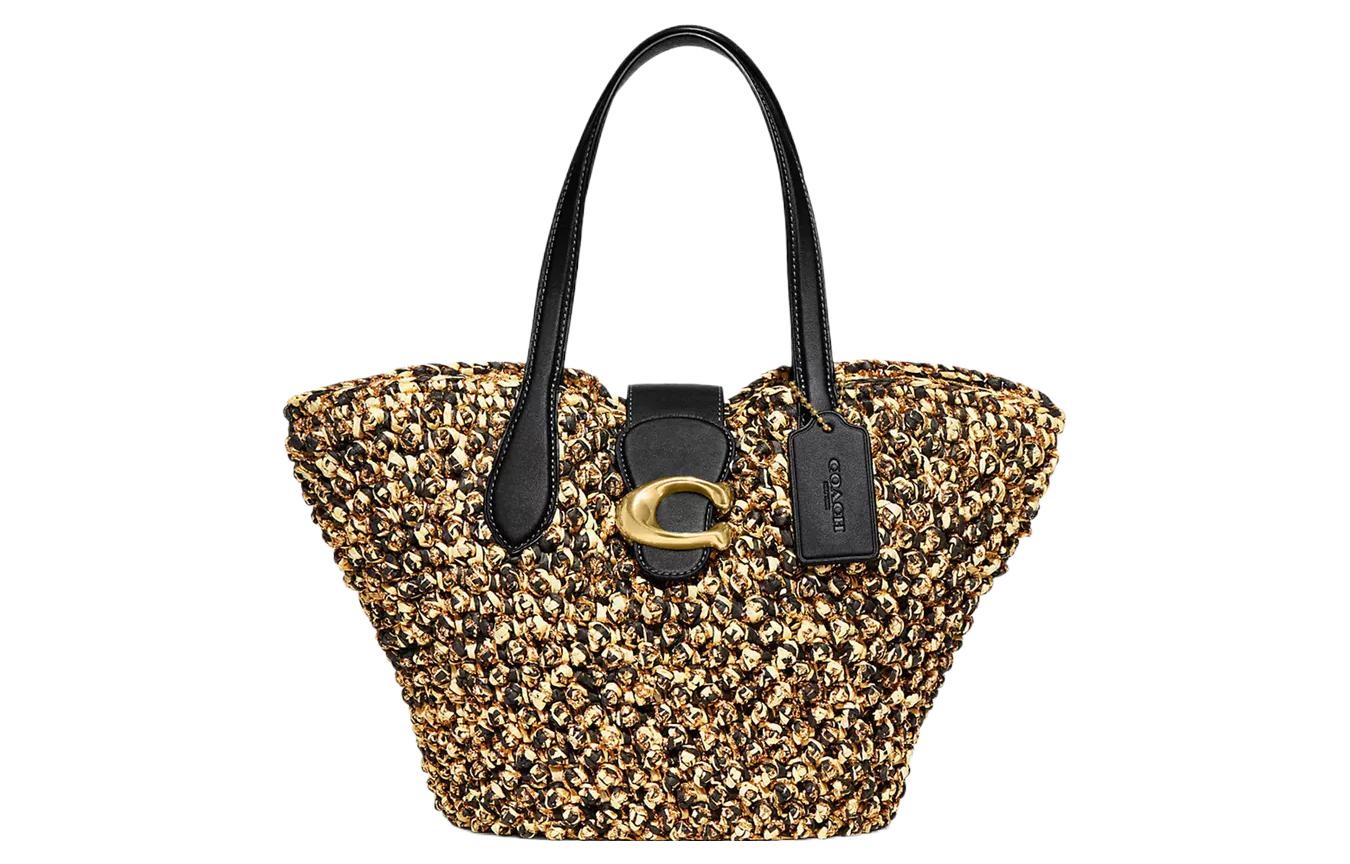 

COACH Сумка из соломенной кожи в форме пельменя Женская золотая и черная сумка через плечо