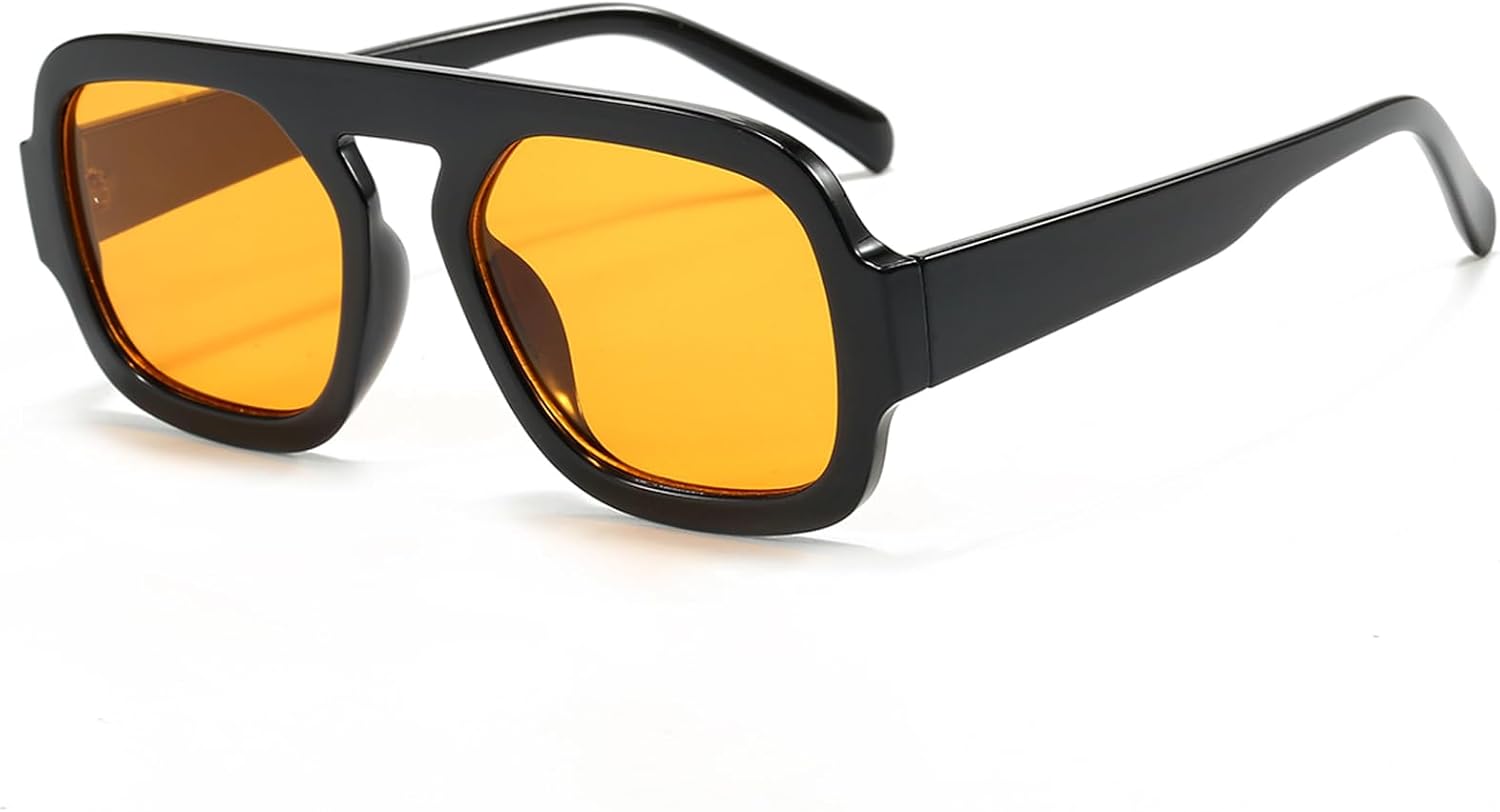 

Солнцезащитные очки Long Keeper Retro Square Pilot для женщин и мужчин, авиационные квадратные солнцезащитные очки с плоской верхней частью, прямоугольные, винтажные, в стиле 70-х, Black Frame - Orange Lens