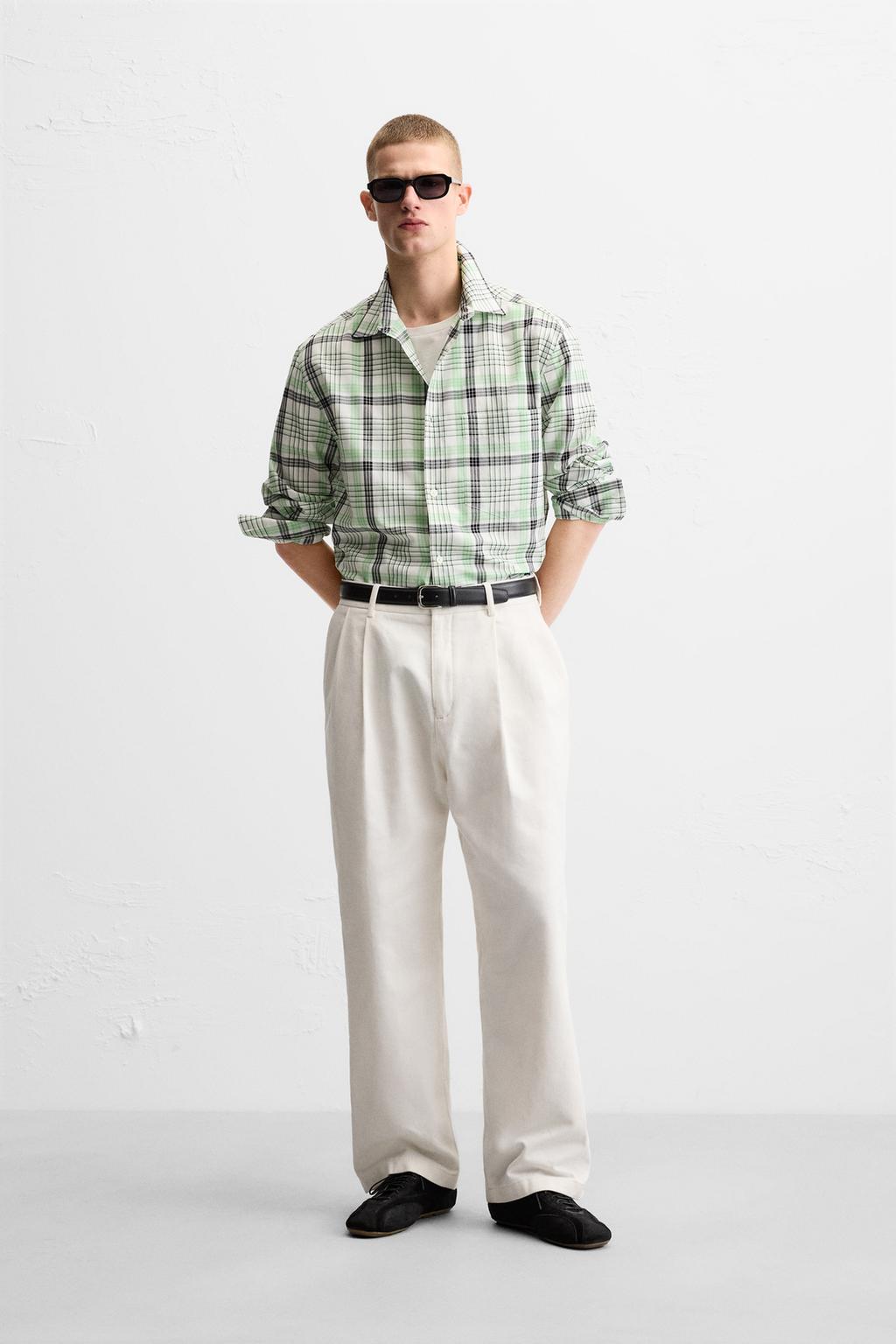 

Клетчатая рубашка с карманом ZARA, цвет Sea green