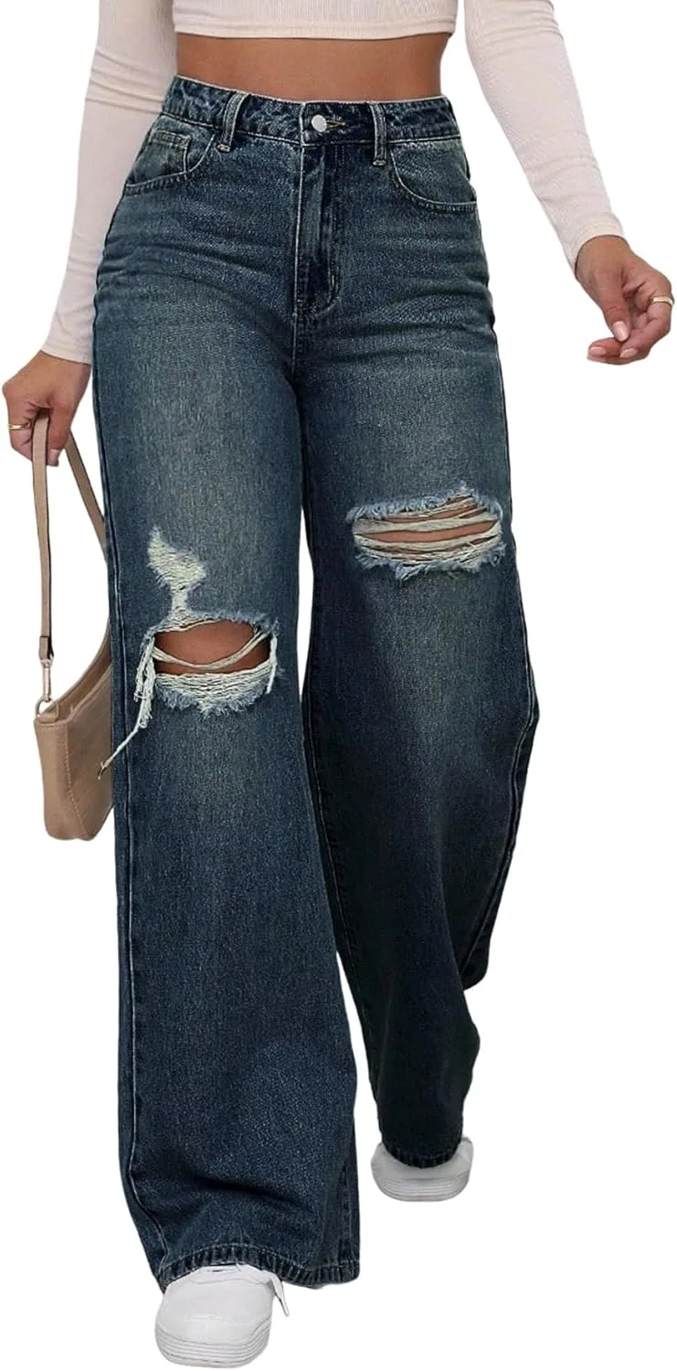 

Женские джинсы High Waisted с потертостями и карманами Whrounnk