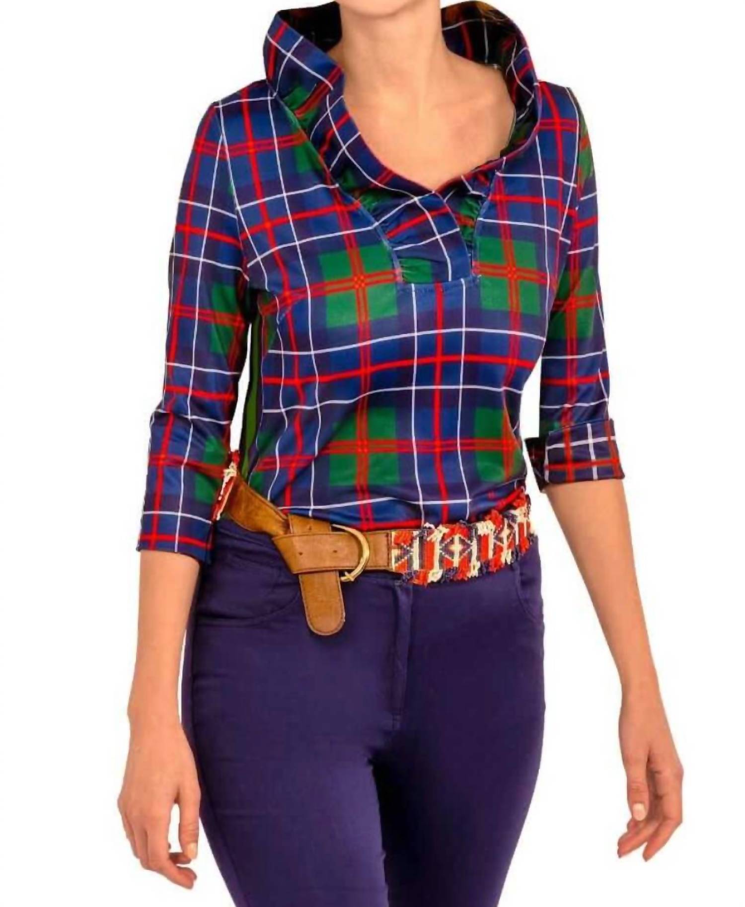 

Топ с воротником-рюш и клеткой сине-зеленого цвета GRETCHEN SCOTT