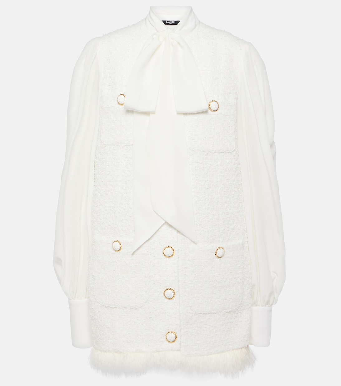 

Мини-платье из хлопкового твида с бантом Balmain, Blanc