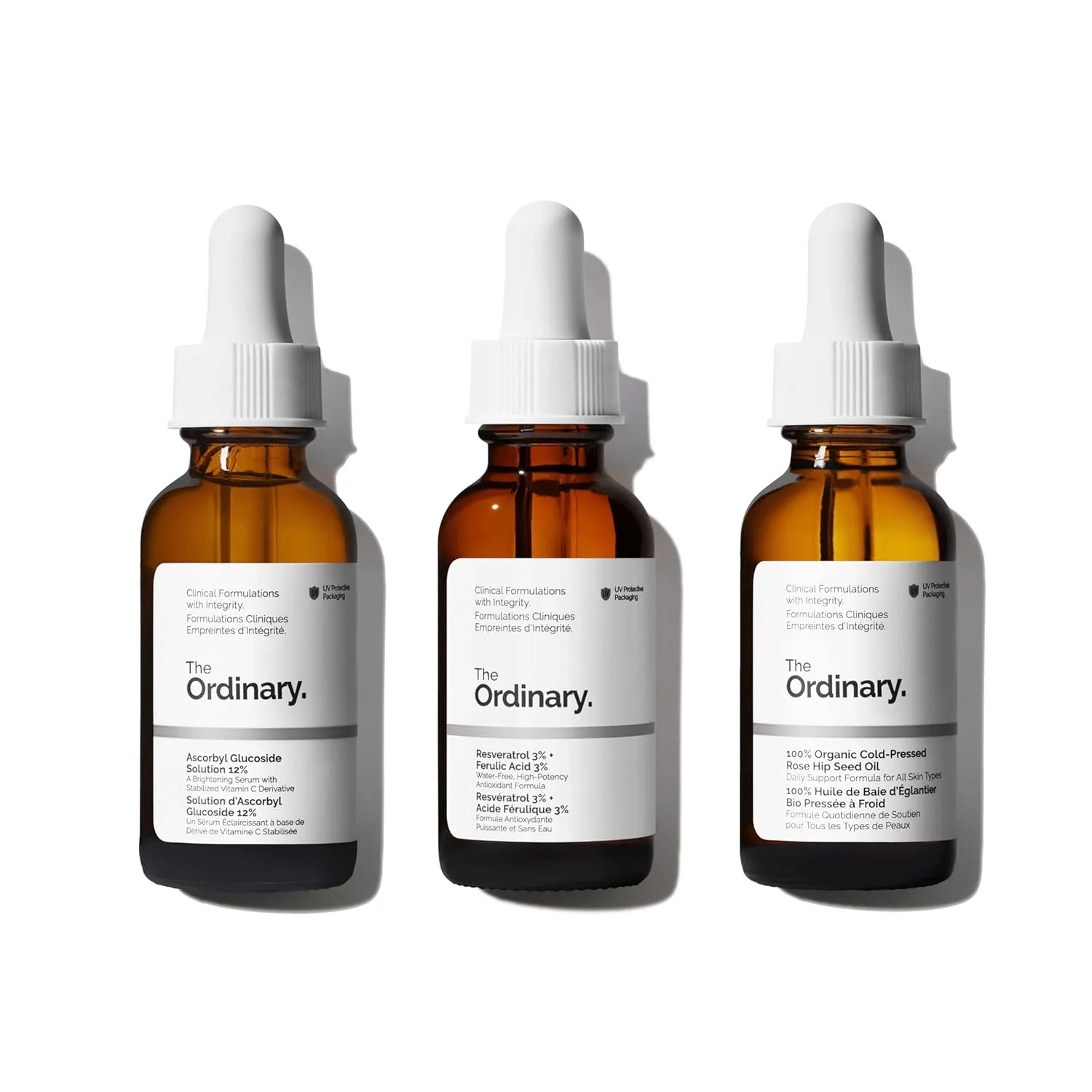 The Ordinary Antioxidant Collection - набор для ухода за кожей против старения: Ascorbyl Glucoside Solution 12%, Resveratrol 3% + Ferulic Acid 3%, 100% Organic Cold-Pressed Rose Hip Seed Oil