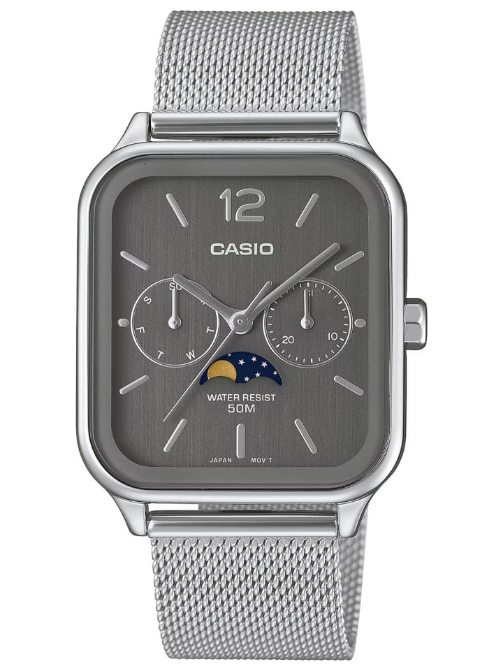 

Casio Мужские многофункциональные часы с индикацией фаз Луны, серо-антрацитовый/серебристый цвет