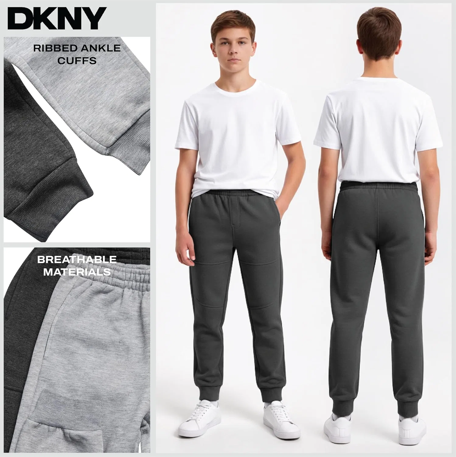 Спортивные штаны DKNY для мальчиков - комплект из 2 штук, из мягкого флиса, с эластичным поясом и карманами, Light Grey/Dark Grey Heather — фото 3