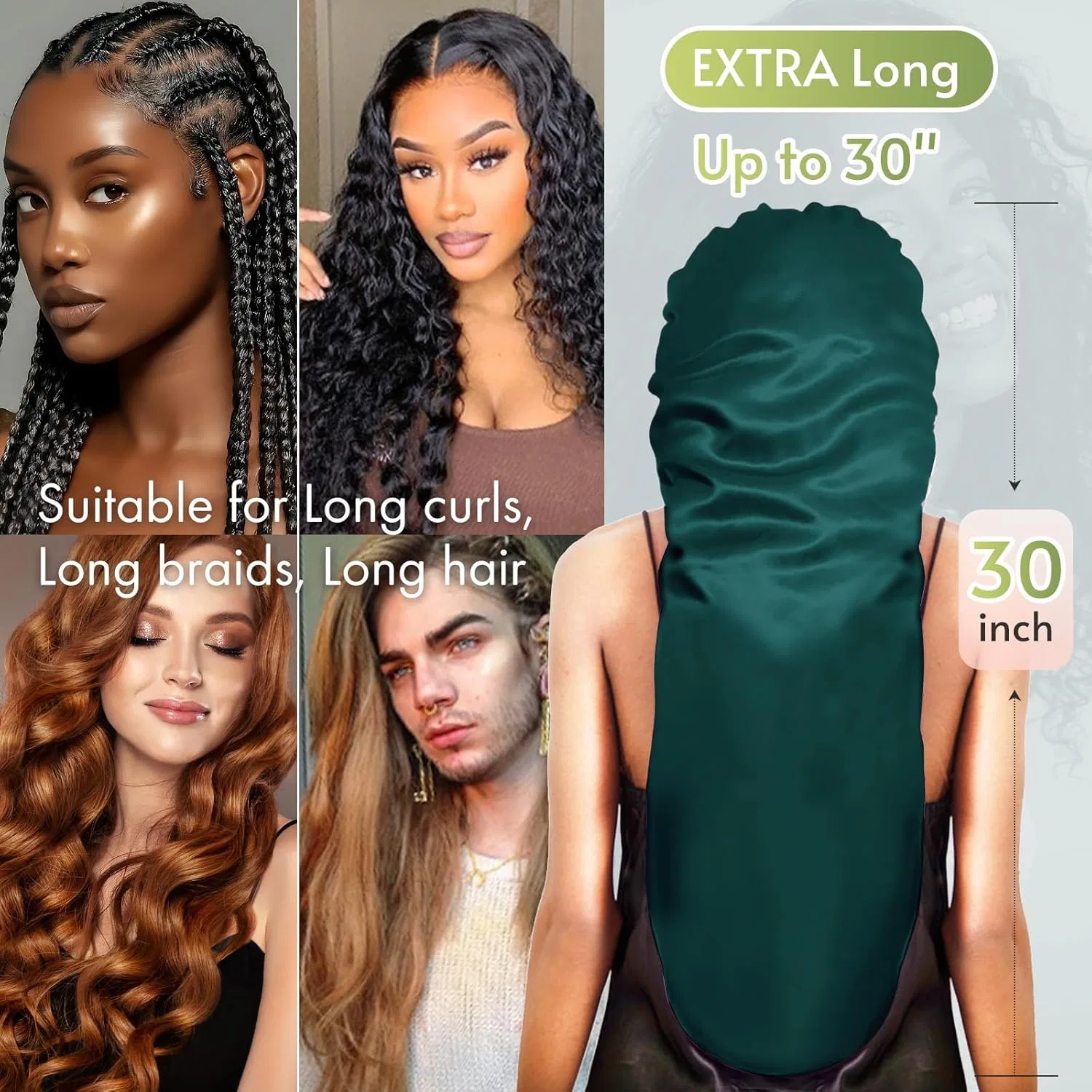 Длинный шелковый чепчик для сна BONNET QUEEN, темно-зеленый, L Bonnet Queen, Dark Green — фото 4