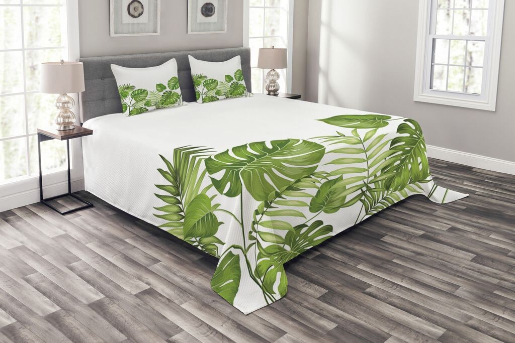 

ABAKUHAUS Комплект покрывала Leaf, Leaves Swirls Botanic, комплект с моющимися наволочками, для односпальных кроватей 220 x 220 см, бледно-зеленый