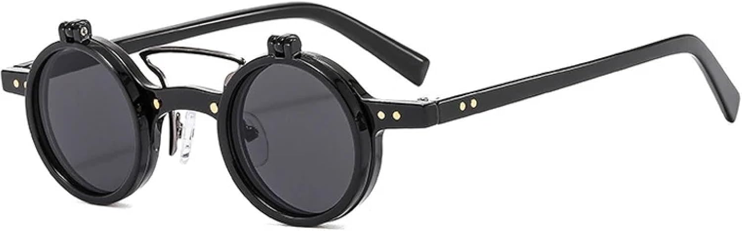 

Солнцезащитные очки с защитой от УФ-излучения UV400 | Маленькие круглые панк-очки с двойной перемычкой для женщин и мужчин, с откидными линзами, с заклепками, для занятий спортом на открытом воздухе и вождения DSVIGF, Black Grey
