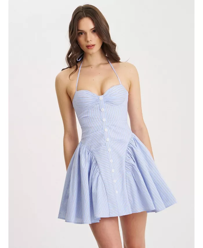 

Женское мини-платье Melody Baby Blue в полоску с бретелькой через шею и заниженной талией Miss Circle, синий