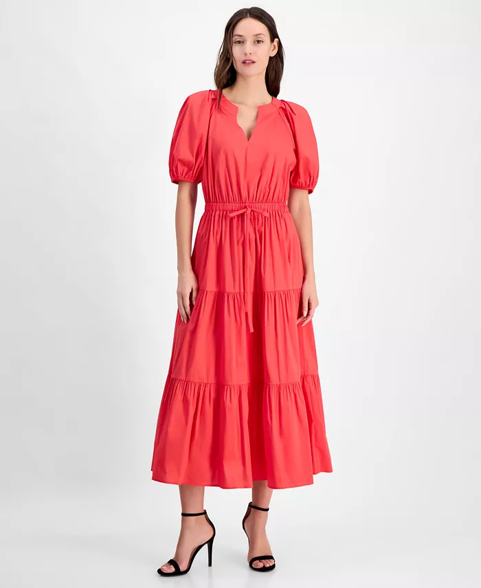 

Женское платье с ярусами, завязкой на талии и пышными рукавами Anne Klein, красный