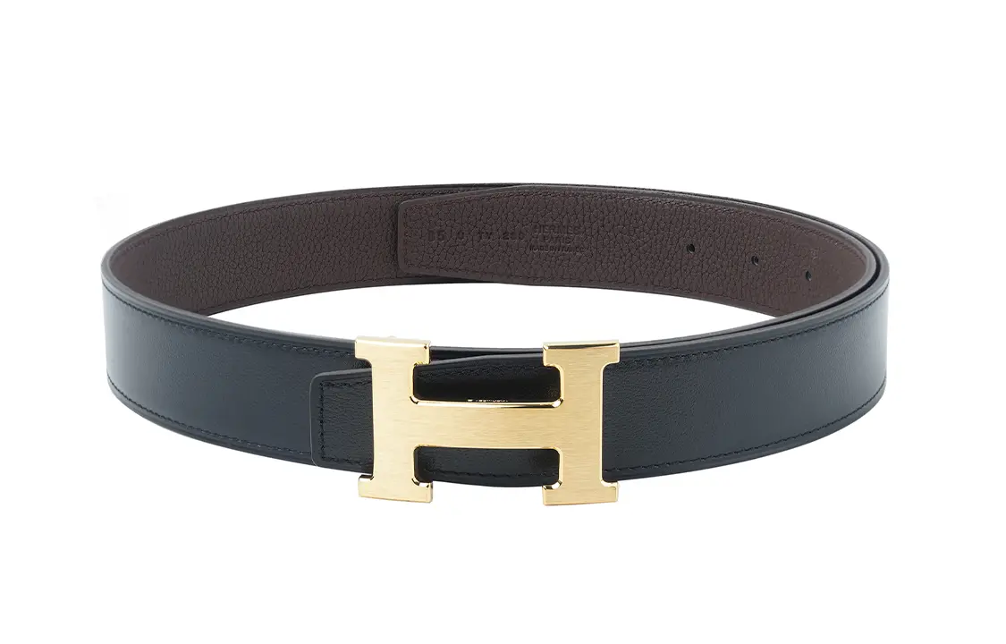 HERMES Женский ремень из телячьей кожи черный и шоколадный шириной 3,2 см, Black/Chocolate — фото 3