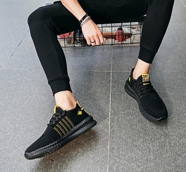 Мужские кроссовки для бега и ходьбы, модные спортивные туфли, ультралегкие, дышащие, противоскользящие, для спорта, с сетчатым верхом, для тренировок и повседневной носки Hhhchpm, черный/желтый — фото 3
