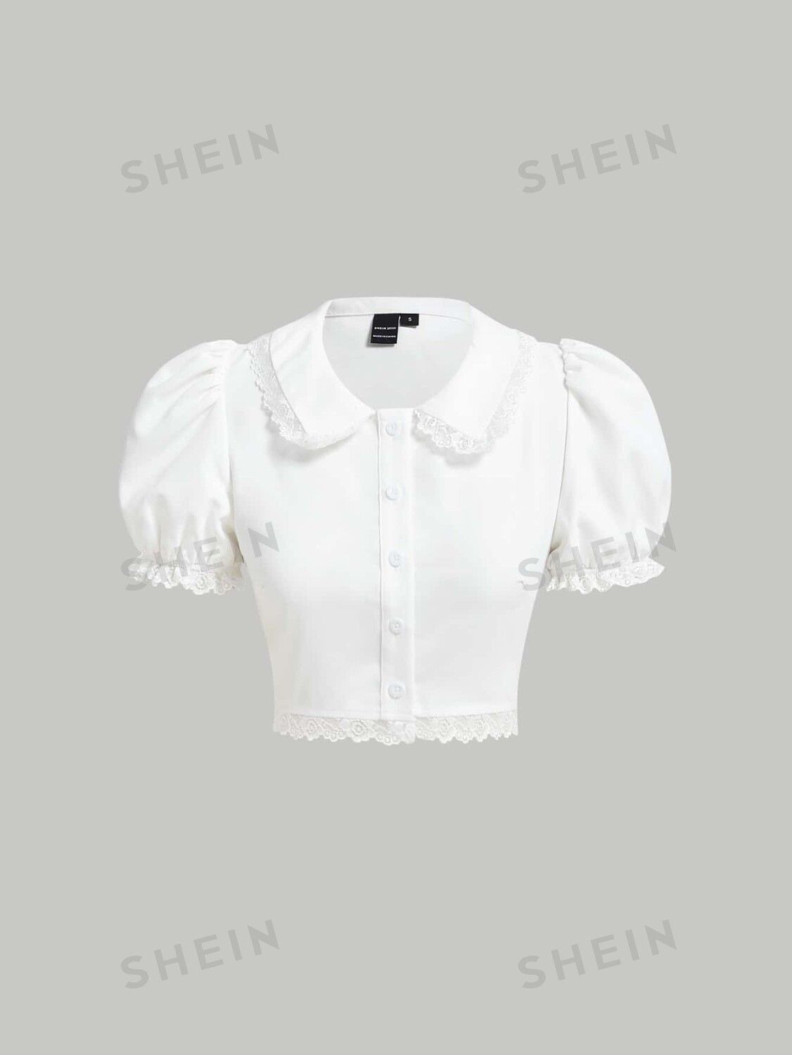 

MOD Укороченная блузка, кружевной край, рукава-фонарики Shein, белый