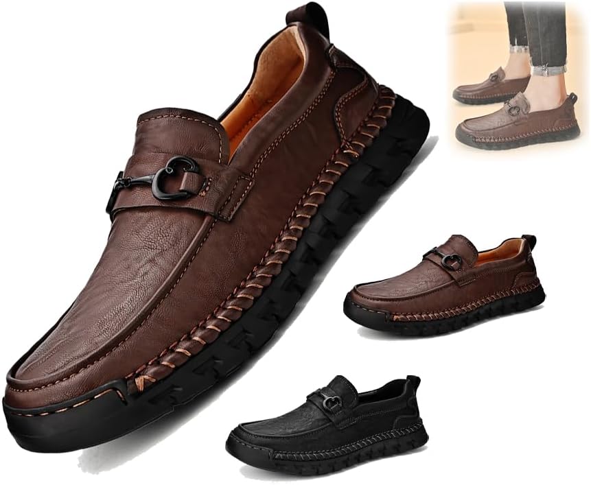 

Мужские повседневные кожаные лоферы без шнурков, ортопедическая обувь для баланса, модные туфли с металлической пряжкой, универсальные, противоскользящие, на плоской подошве для прогулок Generic, коричневый