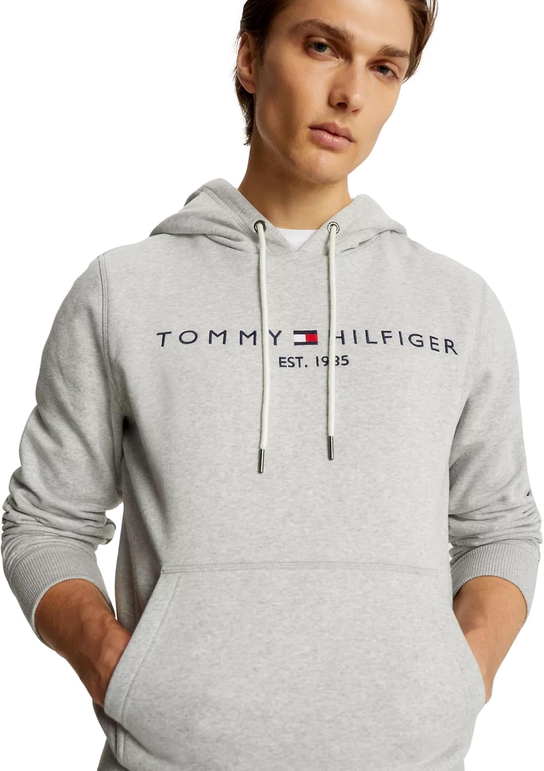 Мужская культовая флисовая толстовка с вышитым логотипом Tommy Hilfiger, коллекция 2024, размер M, черный, Grey Heather — фото 3