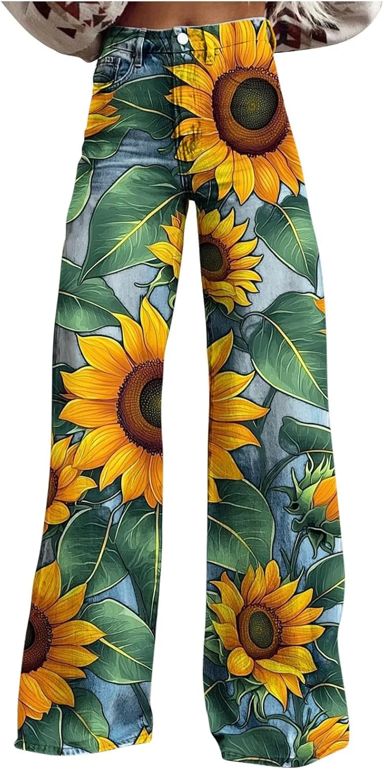 

Женские джинсы с высокой талией и широкими штанинами в стиле baggy с цветочным принтом