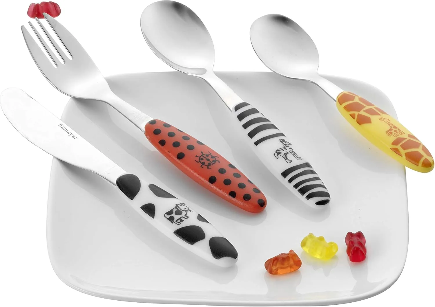 Esmeyer 199-351 4-предметный детский набор столовых приборов Safari 18/0 полированная нержавеющая сталь в подарочной упаковке разноцветные пластиковые ручки с принтом животных — фото 4