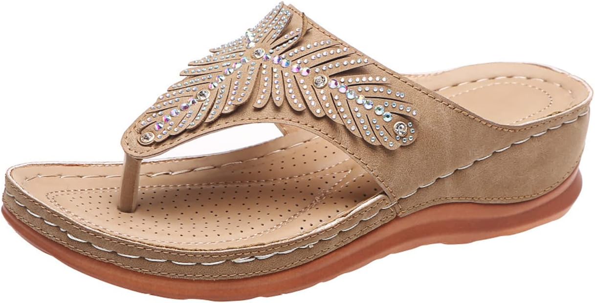 

Ортопедические сандалии с поддержкой свода стопы, женские шлепанцы, элегантные сандалии на танкетке с стразами, удобные платформенные прогулочные сандалии, летние повседневные шлепанцы Generic, хаки