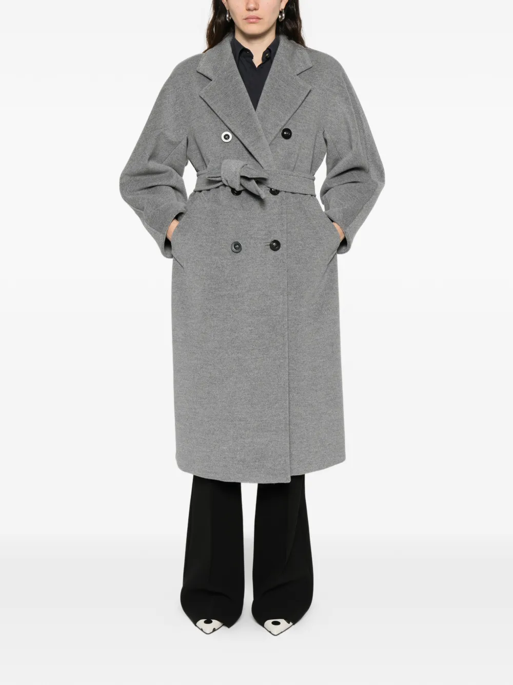 Двубортное пальто с поясом MAX MARA, серый — фото 2