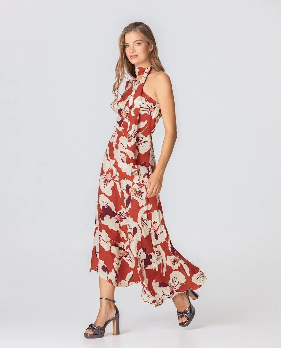 

Длинное праздничное платье в цветочек с асимметричным рукавом Noon, красный/белый