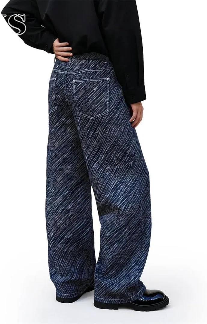 Джинсы, полосатые, Men's Japanese Korean Wave Stripe Jeans Baggy Straight Retro Casual Denim Pants, Blue — фото 4